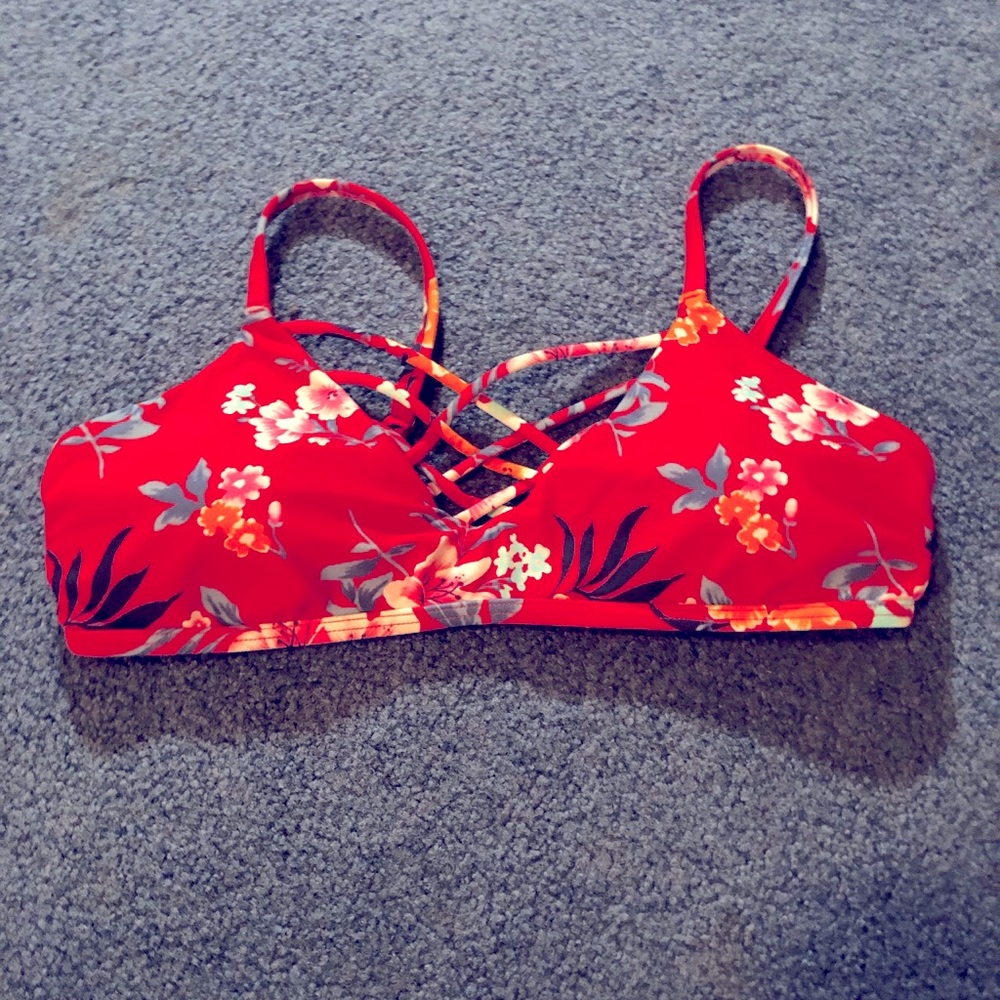 Hollister Red Floral criss-cross front bikini top
